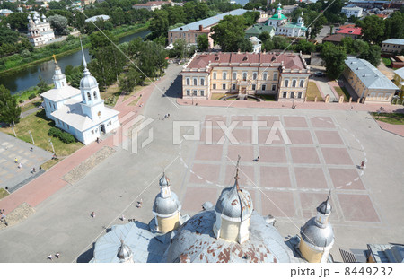 People on Kremlin square with Alexander Nevsky church, Belfry Sophia cathedral, Holy Resurrection cathedral in Vologda, Russia, view from above People on Kremlin square with Alexander Nevsky church, Belfry Sophia cathedral, Holy Resurrection cathedral in Vologda, Russia, view from above 8449232