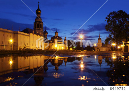 puddle on Kremlin square in night with Alexander Nevsky Church, Belfry Sophia Cathedral, Holy Resurrection Cathedral in Vologda, Russia 8449752