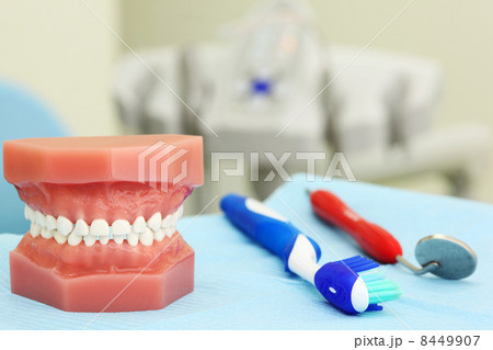Artificial jaw, tooth brush and dental tool are on table in dent 8449907