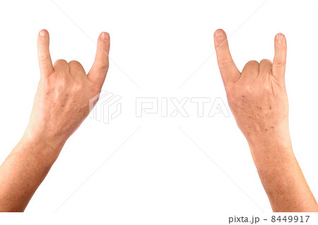 Senior man hands show goat, rock gesture, isolatet 8449917