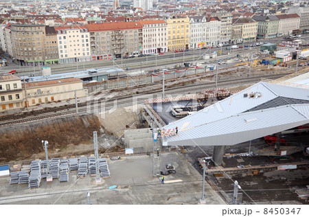 Construction of station yard near rails, buildings in day in Vienna, Austria Construction of station yard near rails, buildings in day in Vienna, Austria 8450347