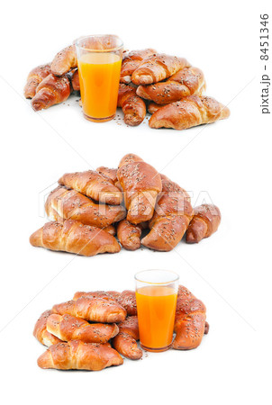 Collection set of images ready croissants pastries and orange ju 8451346