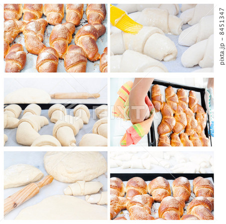 Collection set of images of croissants baking pies. 8451347