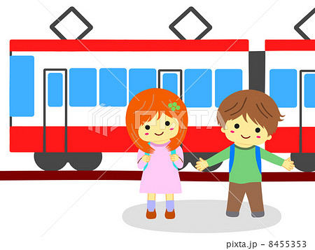 電車と子供たちのイラスト素材