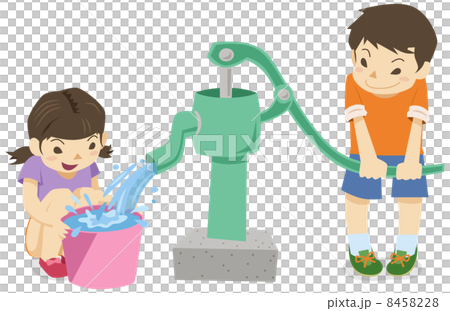 手押しポンプで井戸水を使う男の子と女の子 8458228
