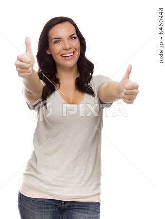 Pretty Mixed Race Female Model Giving Thumbs Up on White 8460948