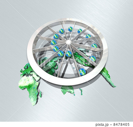 世界地図の上の回る永久機関 エネルギー伝導のイラスト素材