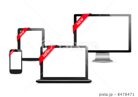 Set of digital devices with sale ribbons. Vector 8478471