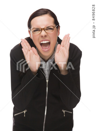 Angry Mixed Race Businesswoman Yelling at Camera Isolated on Whi Angry Mixed Race Businesswoman Yelling at Camera Isolated on Whi 8496828