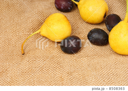 Some pears and plums on burlap background Some pears and plums on burlap background 8508363