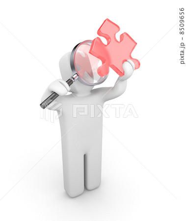 3d person with magnify glass examines puzzle 8509656