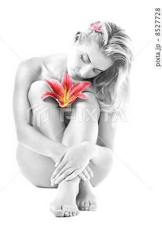 Beautiful young woman with pink lily flower. Isolated on white b Beautiful young woman with pink lily flower. Isolated on white b 8527728