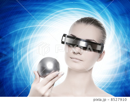 Beautiful cyber woman isolated over abstract blue background 8527910