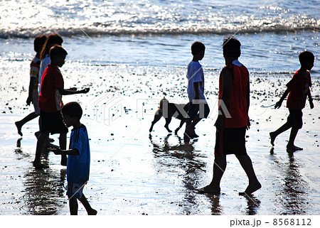 海,バリ島,クタビーチ,人物,子供,犬,男性,女性,男女,インドネシア,観光地,波打ち際,波,海岸,砂浜,海水,真夏,自然,青空,風景,屋外,水,南国,ブルー,コーラルビーチ,東南アジア,リゾート,ア 8568112