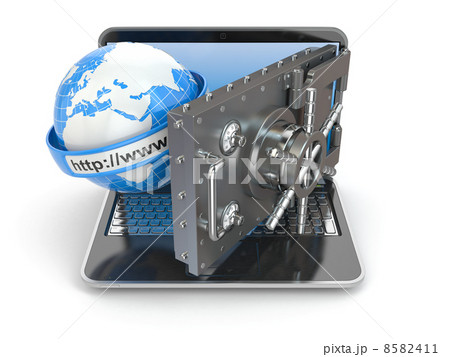 Internet security. Laptop and opening safe deposit box's door. 8582411