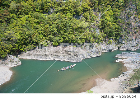 新緑の保津川を下る観光船 4月 新緑の保津川を下る観光船 4月 8586654