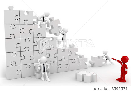 Director and employees working together to put the pieces of a puzzle 8592571