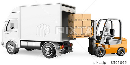 3D white people. Worker loading a truck with a forklift 8595846