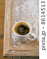 espresso coffee and almonds on old rustic table 8614513