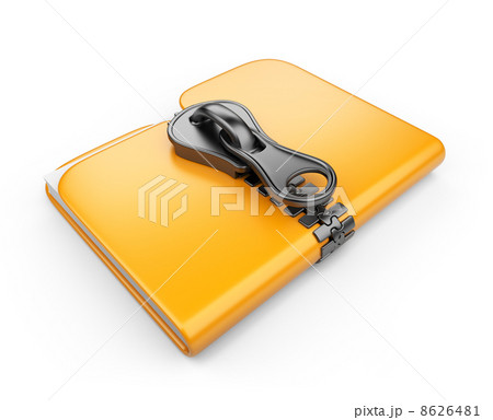 Folder with zip 3D. Compression of data. Isolated on white backg 8626481