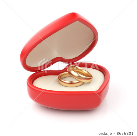 Gold wedding rings in valentine box 3D. Isolated on white backgr 8626801