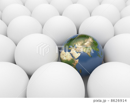 Earth sphere among white spheres. Unique planet. 3D illustratio Earth sphere among white spheres. Unique planet. 3D illustratio 8626914