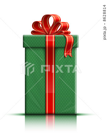 Green gift box with red silk ribbon and bow 8628814