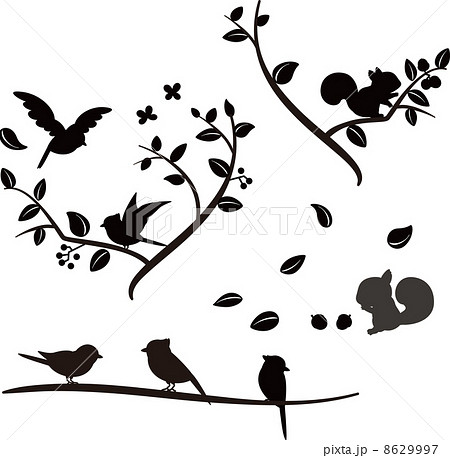 木の上の小鳥とリスのシルエットのイラスト素材