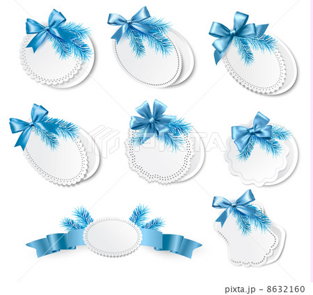 Set of christmas retro labels with blue gift bows with ribbons. Set of christmas retro labels with blue gift bows with ribbons. 8632160