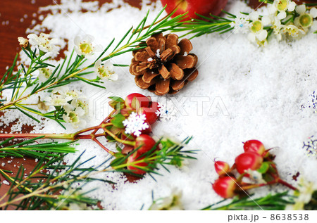 粉雪の上のワックスフラワーとヒペリカム 8638538