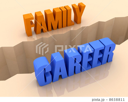 Two words FAMILY and CAREER split on sides, separation crack. Concept 3D illustration. 8638811