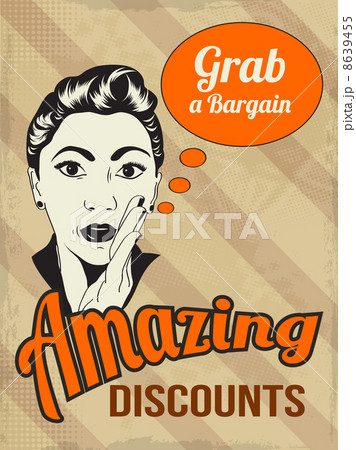 retro illustration of a beautiful woman and amazing discounts me 8639455