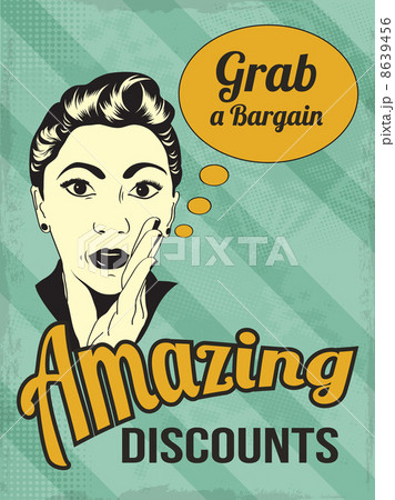 retro illustration of a beautiful woman and amazing discounts me 8639456