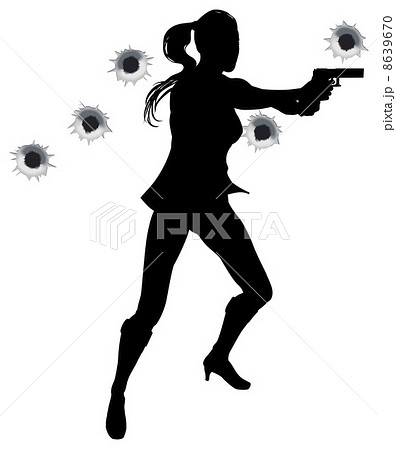 Woman action hero in gun fight silhouette Woman action hero in gun fight silhouette 8639670