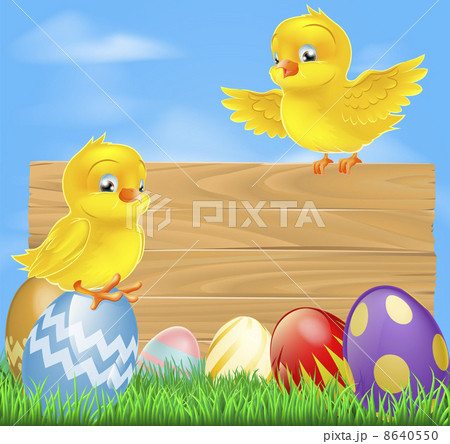 Easter chicks and wooden sign 8640550