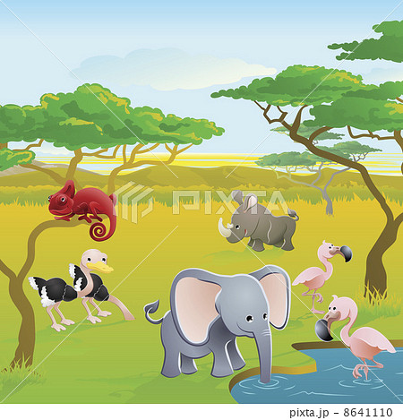 Cute African Safari Animal Cartoon Sceneのイラスト素材