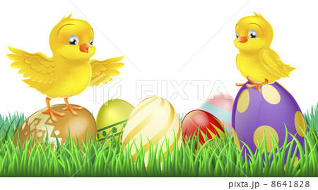 Cute yellow chicks on Easter eggs 8641828