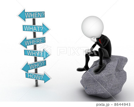 Confused businessman sitting on a solid rock with so many questi 8644943