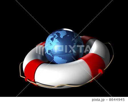 Life Buoy and Earth globe on a black background 8644945