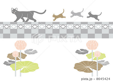 喪中寒中見舞い年賀欠礼はがきテンプレート 猫の親子とブロック塀と蓮の花 のイラスト素材