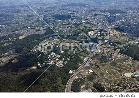 愛知県の名古屋瀬戸道路長久手インターチェンジ付近空撮の写真素材