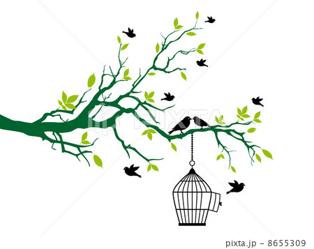 birds on tree with open birdcage, vector illustration 8655309