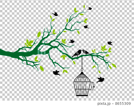 birds on tree with open birdcage, vector illustration 8655309