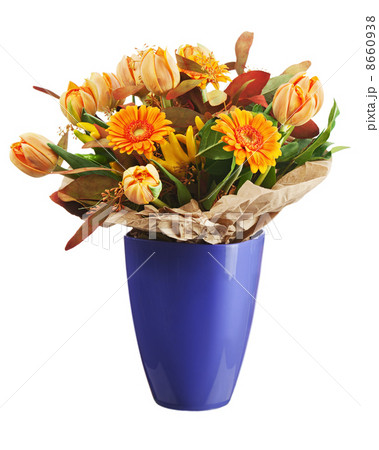 Colorful bouquet from tulips and gerbera flowers isolated on whi Colorful bouquet from tulips and gerbera flowers isolated on whi 8660938
