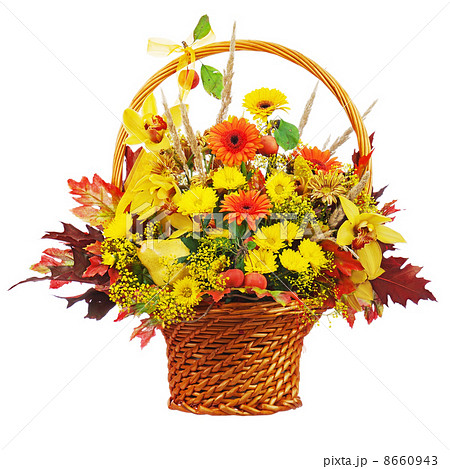 Colorful flower bouquet arrangement centerpiece in wicker basket 8660943