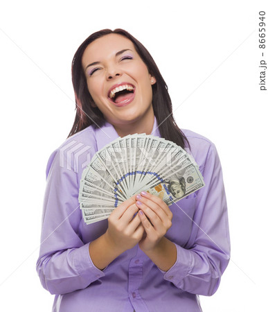 Mixed Race Woman Holding the New One Hundred Dollar Bills 8665940