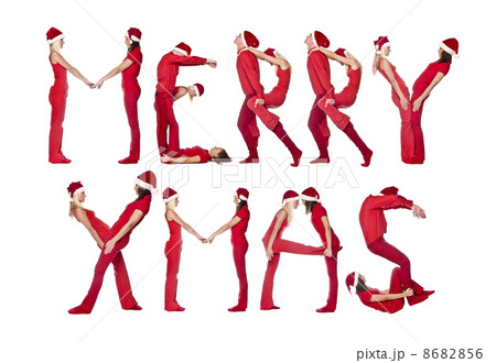 Group of red dressed people forming the phrase MERRY XMAS 8682856