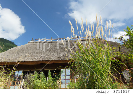 ススキと古民家と青空 8711617