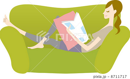 ソファでくつろぐ女性 緑 のイラスト素材