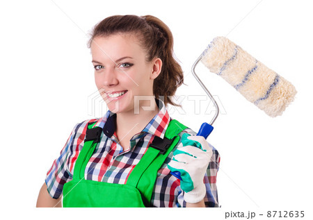 Woman painter with paintbrush on white 8712635